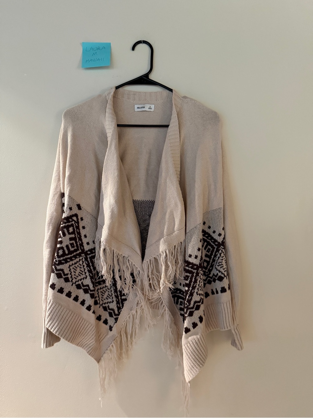 Hollister Cream Fringe Open-Front Cardigan with Black Pattern Western Fall